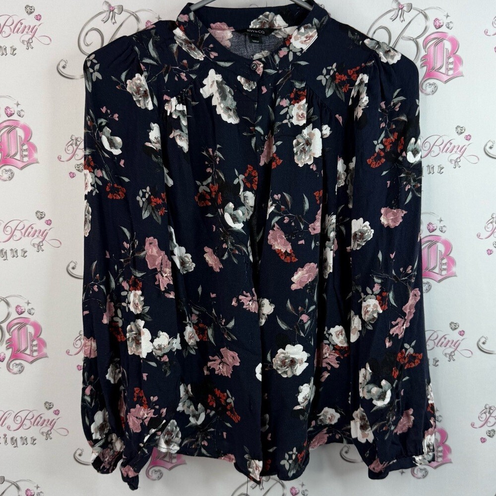 RW&CO. Long sleeve shirt, flowers, blue red light, pink, Navy Floral Blouse